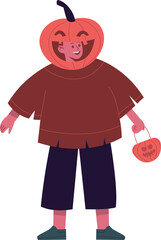Child wearing pumpkin costume holding candy bucket