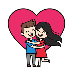 Fototapeta premium Cute cartoon couple happily embracing in front of a large pink heart for love and affection