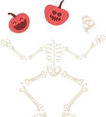 Skeleton dancing with jack o' lanterns and skull