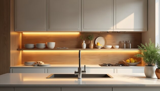 Modern kitchen with under cabinet LED lighting. Warm ambient illumination highlights wooden shelves and countertop details. Includes sink faucet and decorative items for a cozy atmosphere.