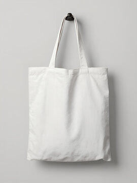 White Canvas Tote Bag Mockup &mdash; Minimal Studio Shot, Front View Hanging on Hook, Copy Space for Branding & Print-on-Demand