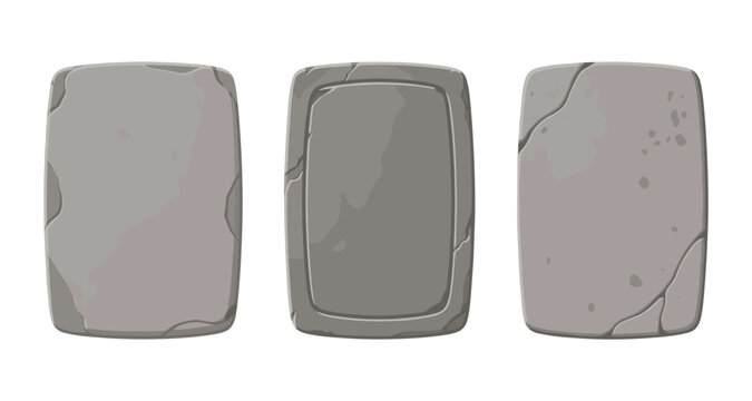 Three ancient stone tablets with different textures and cracks, isolated on white background