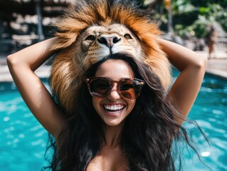 Woman Smiling Near Pool with Lion's Head and Sunglasses in Summer