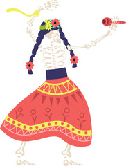 Skeleton woman dancing celebrating Day of the Dead