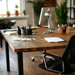 Modern Office Workspace with Large Wooden Table and Green Plants