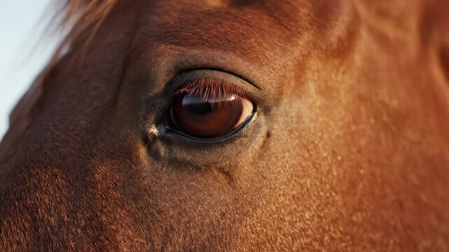 Close-up of a horses eye, showing its beautiful brown iris and long eyelashes, a captivating gaze.