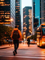 Urban Evening Walk with Modern Buildings and City Bus in Background