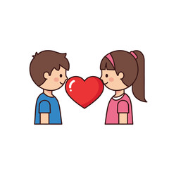 Cute cartoon illustration of a boy and girl sharing a red heart symbolizing love and affection