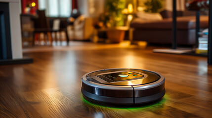 Smart home robotic vacuum cleaner gadget autonomously cleaning hardwood floor, automated housekeeping technology, domestic innovation, with copy space