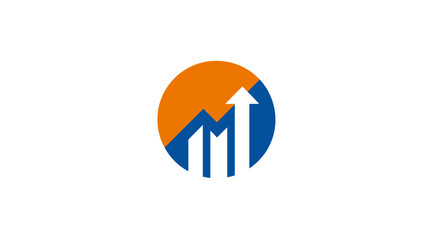 Abstract digital growth icon with an upward arrow and increasing bar graph inside a vibrant orange and blue circle, symbolizing progress.