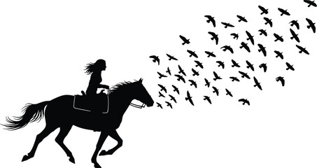 Black silhouette of woman riding galloping horse, flock of birds flying from mouth, vector illustration, concept of freedom, fantasy, black and white isolated on white