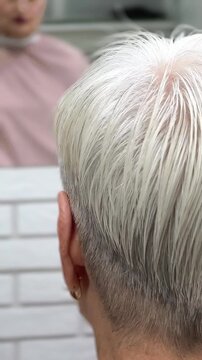 Hairdresser Cutting Short Blonde Hair With Scissors and Comb in Salon