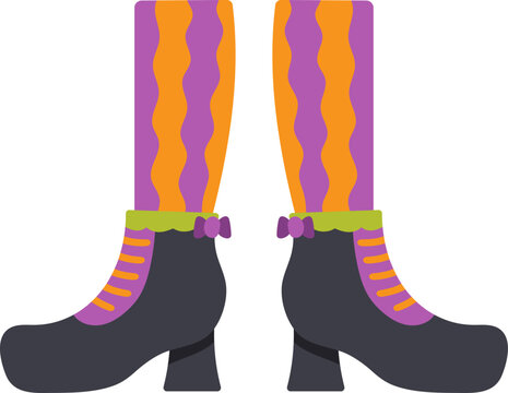 Witch feet wearing striped stockings and pointed boots