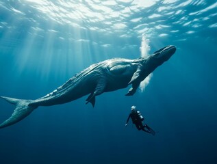 Diver swimming alongside a prehistoric marine creature
