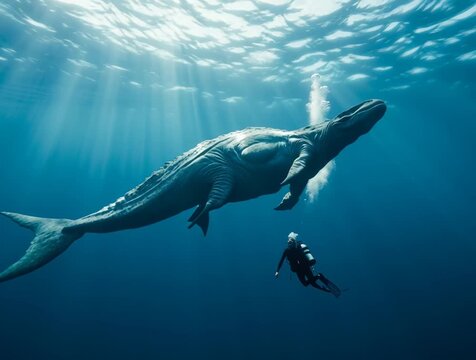 Diver swimming alongside a prehistoric marine creature