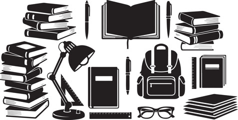School and study supplies black silhouette icons