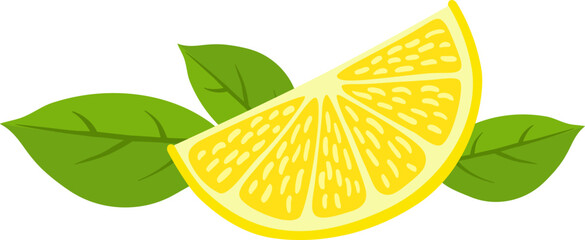 Fresh lemon slice with green leaves illustration