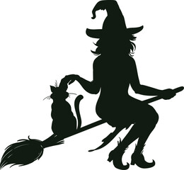 Halloween witch flying on broom with black cat