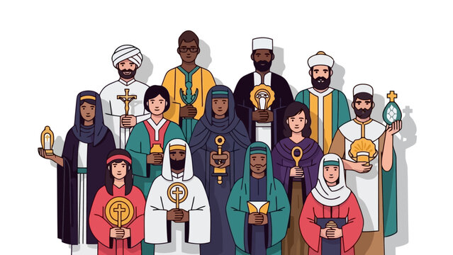 A diverse group of people in traditional religious attire holding symbolic objects, representing various faiths and cultures.
