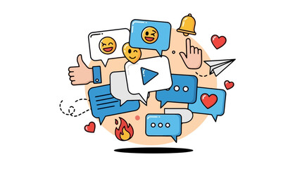 A vibrant illustration of social media icons and communication elements, including speech bubbles, likes, hearts, and a play button.