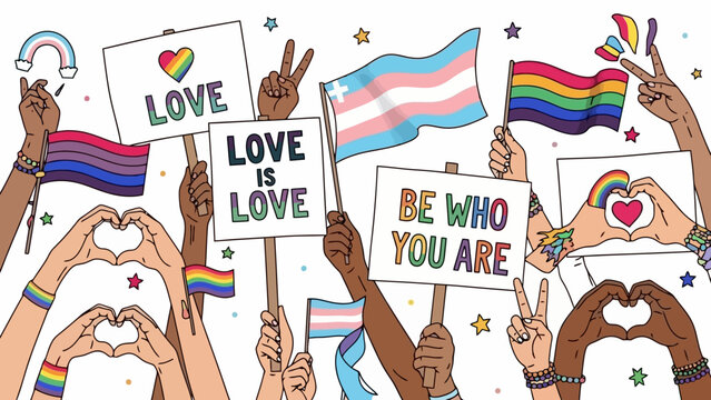A diverse group of hands holding signs and flags promoting love, acceptance, and self-expression, with rainbow and transgender symbols.