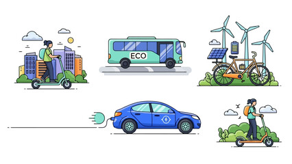 A collection of eco-friendly transportation options including electric scooters, buses, bicycles, and cars. © warsa