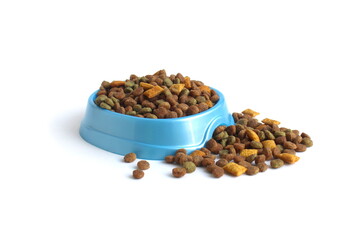 There is a bowl of dry pet food on a white background.	