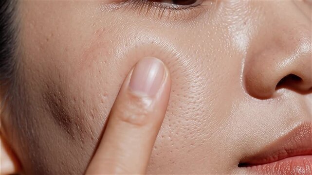 Close-Up of Skin Texture and Pore Extraction. Woman Gently Squeezing Blemish on Her Face for Skincare Routine.

