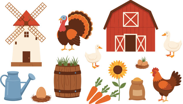 Vector Collection of Cute Farm and Agriculture Elements; Barn, Windmill, Turkey, Chicken, Duck, Sunflower, Carrots, and Watering Can.
