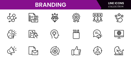 Branding icon set. Containing marketing, product, brand value, design, logo, brand development, social media, advertising and loyal customers icons