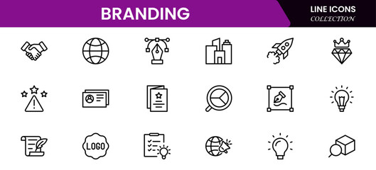 Branding icon set. Containing marketing, product, brand value, design, logo, brand development, social media, advertising and loyal customers icons