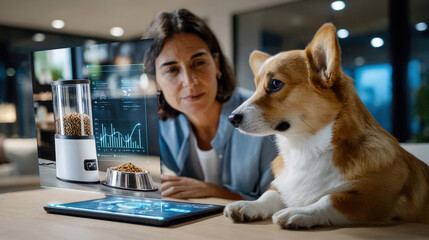 Woman watching smart feeder data with dog at home. Concept of connected pet feeding systems, nutrition tracking, smart home devices and responsible daily pet care routines.