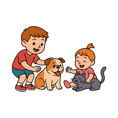 Happy Kids Playing with Dog and Cat Cartoon Illustration for Childhood Friendship, Pet Love, Family Care and Kids Friendly Design
