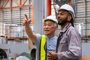Technician industrial worker with blueprint inspecting aluminum metal sheet machine check stock...