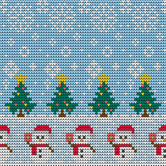 Seamless knitted patterns for the Christmas season, featuring Christmas trees and snowmen wearing Santa hats, in a winter sweater style.