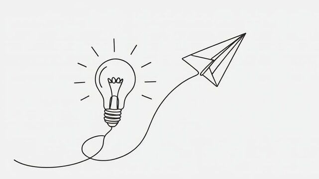 Minimalist line concept of a glowing light bulb transforming into a flying paper airplane continuous one line animation video.