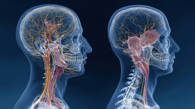 Moebius Syndrome Awareness Day: scientific comparison illustration of normal facial nerve function versus Moebius syndrome paralysis, split-screen anatomy view, high anatomical accuracy