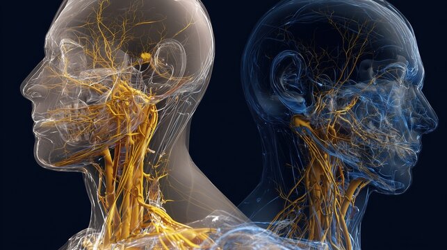 Moebius Syndrome Awareness Day: scientific comparison illustration of normal facial nerve function versus Moebius syndrome paralysis, split-screen anatomy view, high anatomical accuracy
