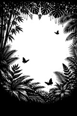 Tropical jungle frame with birds butterflies and waterfall, Transparent Background