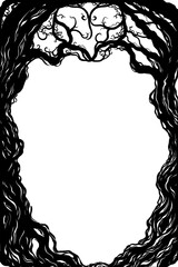 Spooky twisted tree arch frame with roots and branches, Transparent Background