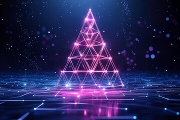 Abstract Geometric Pyramid Structure Glowing with Neon Pink and Blue Lights on a Digital Grid Background, Generative AI.