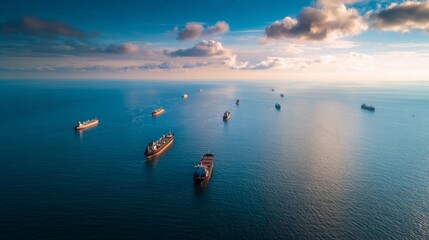 Aerial View of Multiple Cargo Ships Floating on Calm Ocean Waters During a Beautiful Sunset with Vibrant Skies and Gentle Clouds in the Background