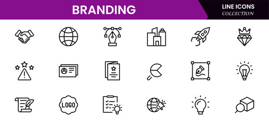 Branding icon set. Containing marketing, product, brand value, design, logo, brand development, social media, advertising and loyal customers icons
