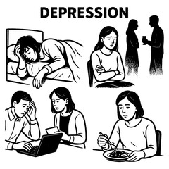 Depression awareness comic with isolated person and support scenes, Transparent Background