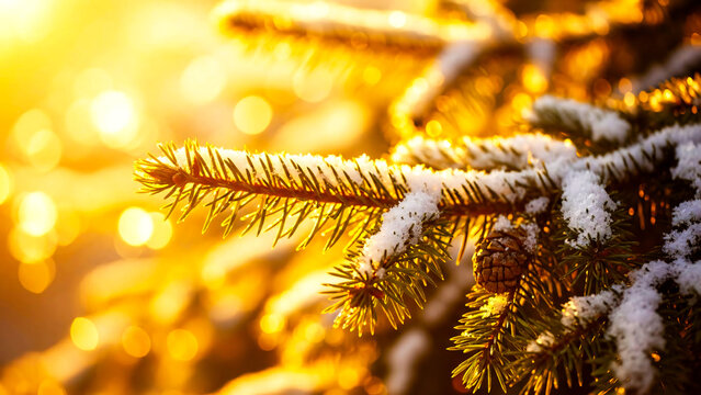 Snowy Pine Branch Bathed in Golden Winter Sunlight - Powered by Adobe