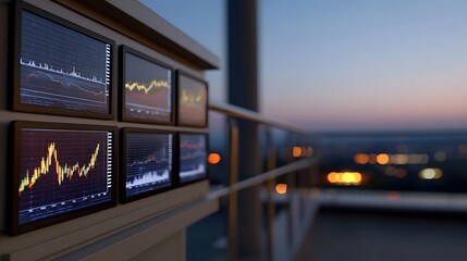Fototapeta premium Multiple financial trading screens displaying graphs overlook a blurred city skyline at twilight