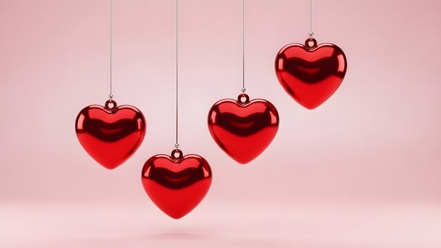 Four shiny red heart ornaments hanging from strings on pink background