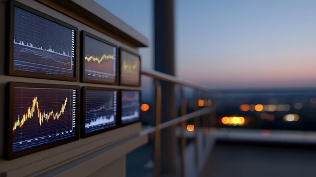Multiple financial trading screens displaying graphs overlook a blurred city skyline at twilight - Powered by Adobe