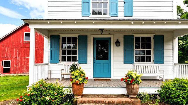 A charming, white country home with blue accents, porch, and a red barn nearby