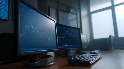 Multiple computer monitors displaying financial charts and graphs in a dim office environment with diffused light